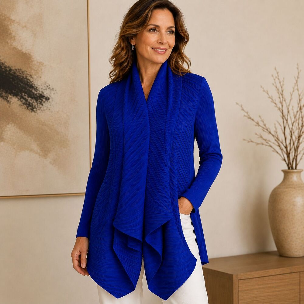 Alquema Royal Blue Pleated Drape Jacket Textured Cardigan Wearable Art One Size